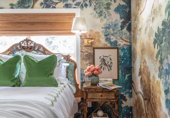 Headboard Ornate Carved Wood Scenic Mural Wallpaper Green Velvet