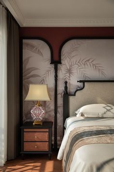 Heritage Style Bedroom: Tropical Palm Mural, Arched Wall Panels