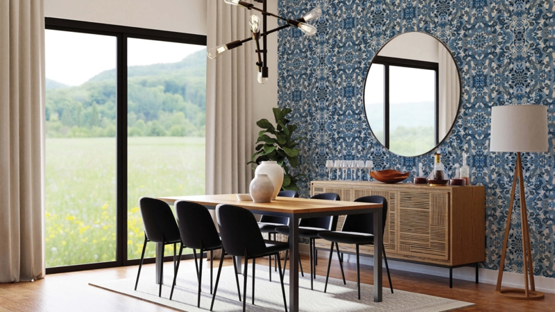 Heritage Style Dining Room: Blue Patterned Wallpaper & Round Mirror