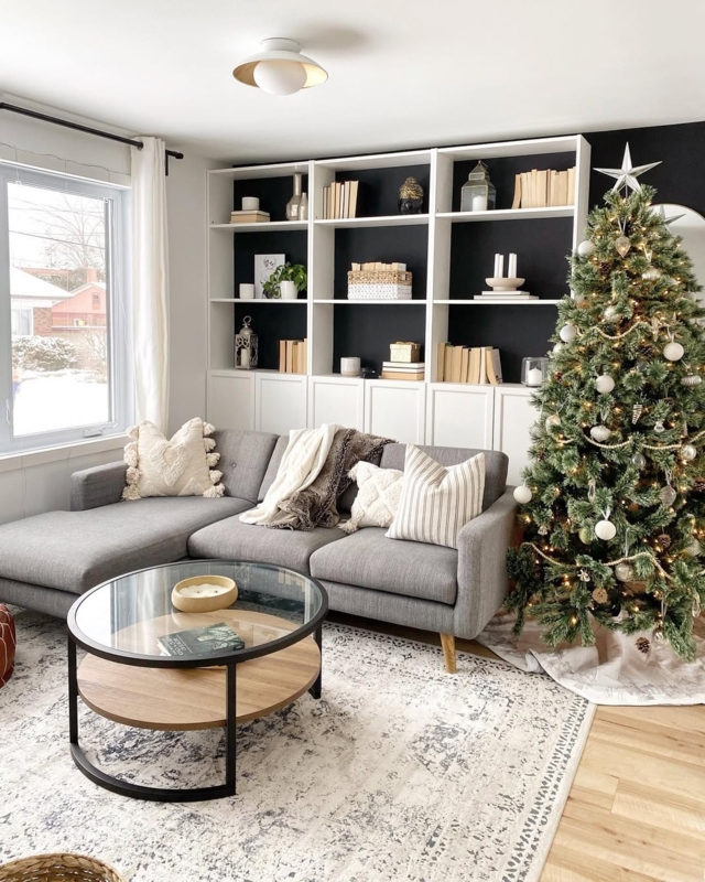 High Contrast Living Room: Black Accent Wall and Shelving