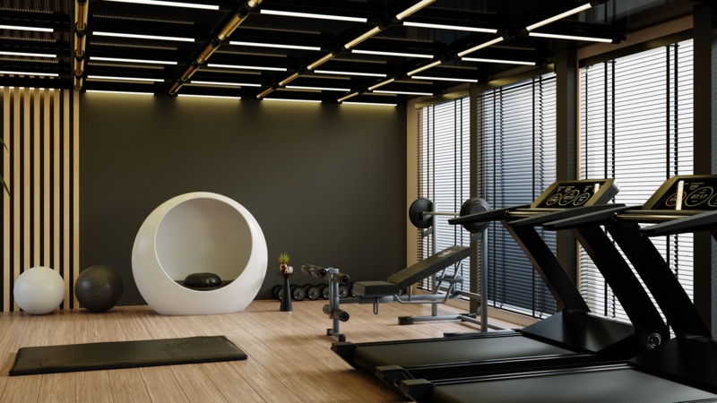 High-Tech Home Gym with Grid Ceiling Lighting & Meditation Pod