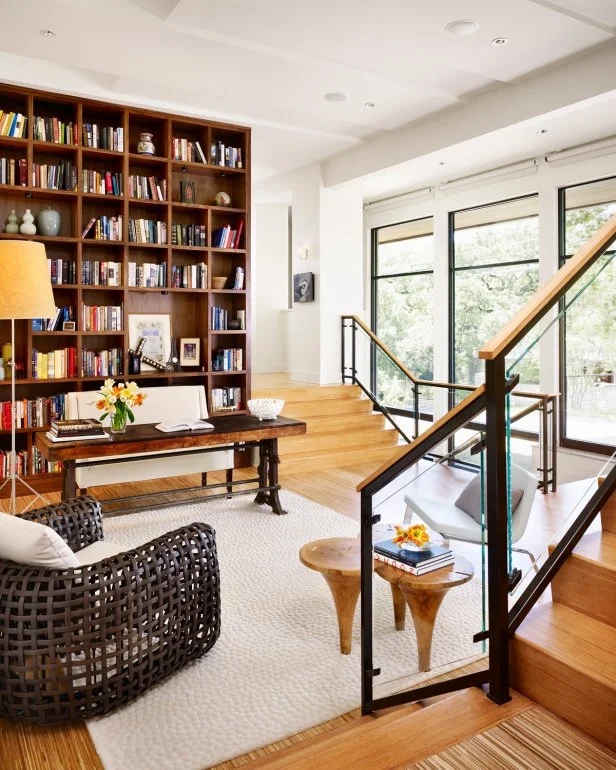 Home Library: Rustic Wood Study Desk and Woven Mesh Accent Chair