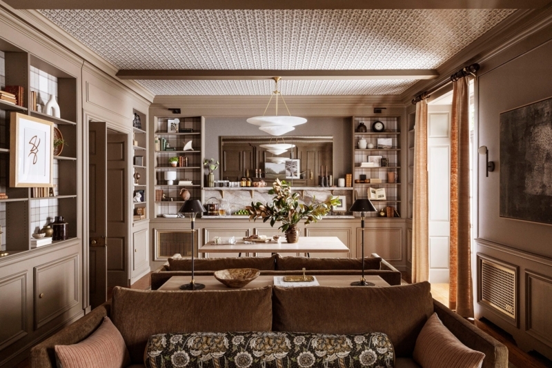 Home Office Library featuring Patterned Ceiling and Taupe Millwork