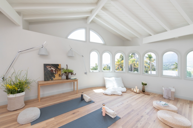 Home Yoga Studio with Arched Window Wall & Vaulted Beamed Ceiling