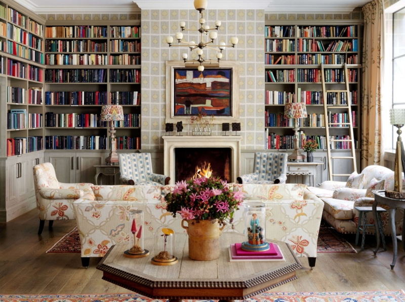 Hotel Library with Octagonal Coffee Table and Floral Sofa