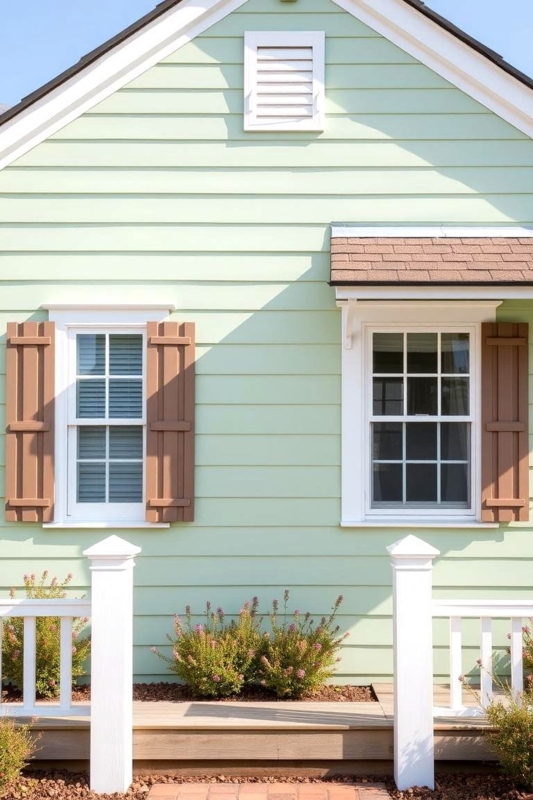 House Exterior with Brown Shutters and White Trim on Sage Siding
