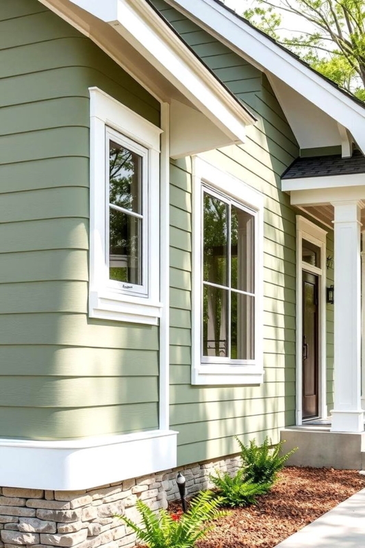 House Exterior with Curved Siding Corner and Stone Foundation