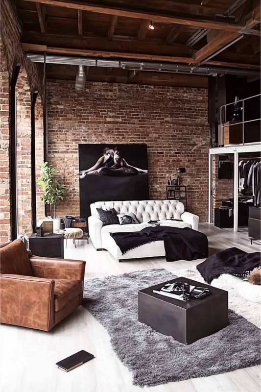 Industrial Chic Living Room White Tufted Sofa Exposed Brick Wall