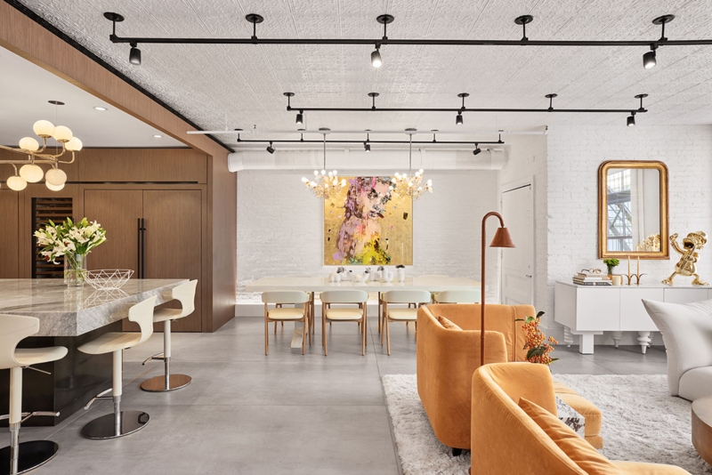 Industrial Chic Loft Orange Velvet Chairs White Brick Interior