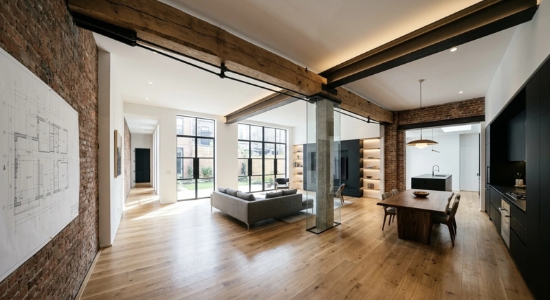 Industrial Urban Interior: Exposed Wood Beams & Glass Encased Column