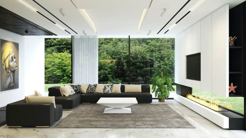 Integrated Linear Fireplace Wall with Panoramic Forest Views