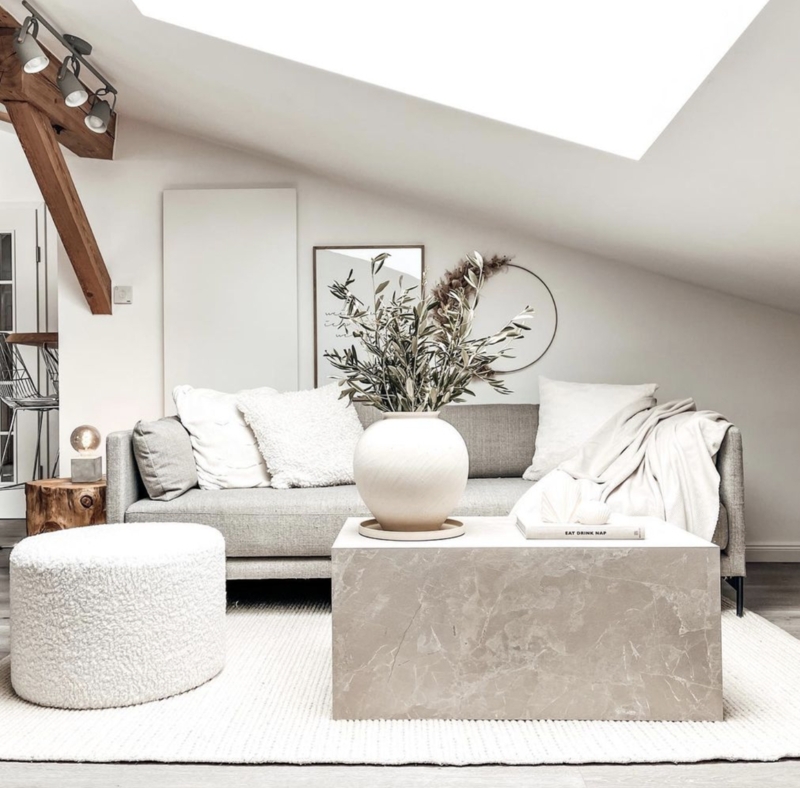 Japandi Attic Living Room Ideas Block Stone Coffee Table Boucle Pouf