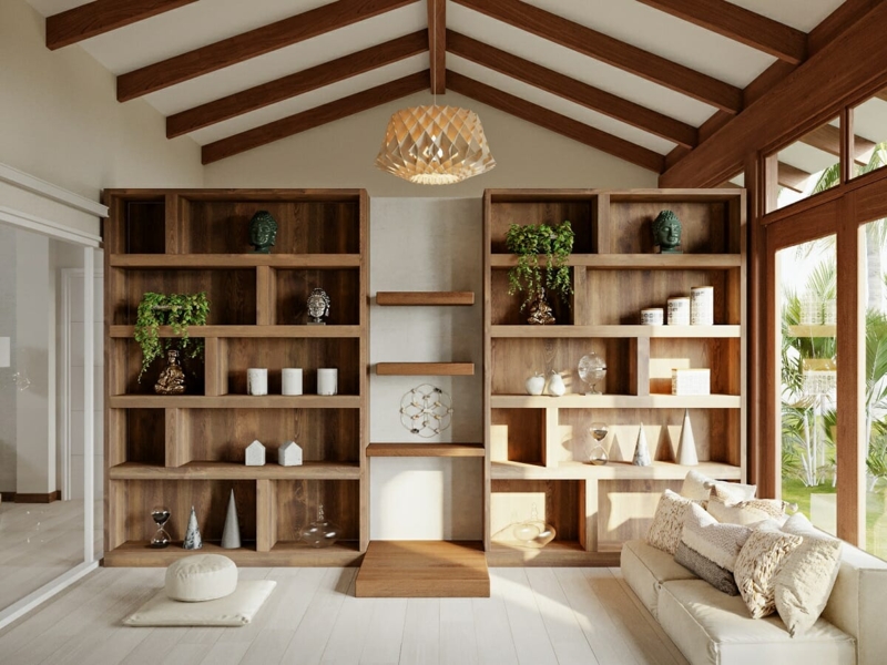 Japandi Home Library: Built-in Shelving with Meditation Nook Area