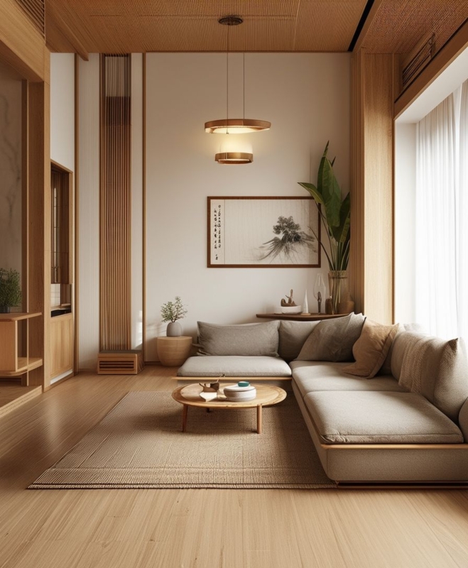 Japandi Living Room Design Ideas: Slatted Wall Paneling & Wood Ceiling.