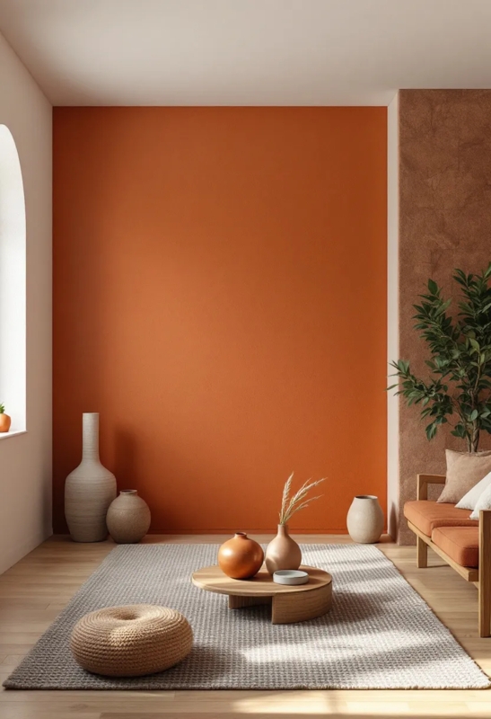 Japandi Living Room with Sculptural Ceramics and a Woven Pouf.