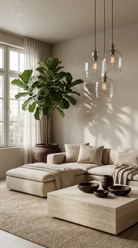 Japandi Living Room with Travertine Style Table