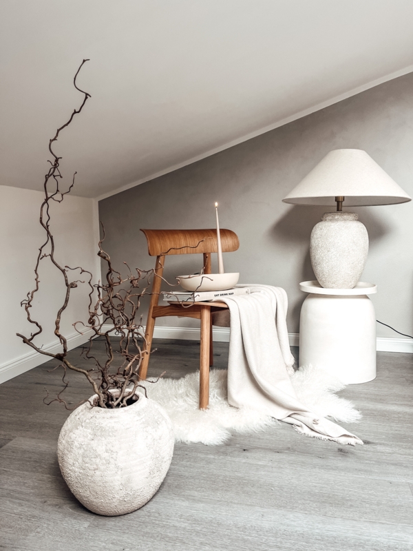 Japandi Style Corner Vignette Stone Like Lamp Sculptural Branches
