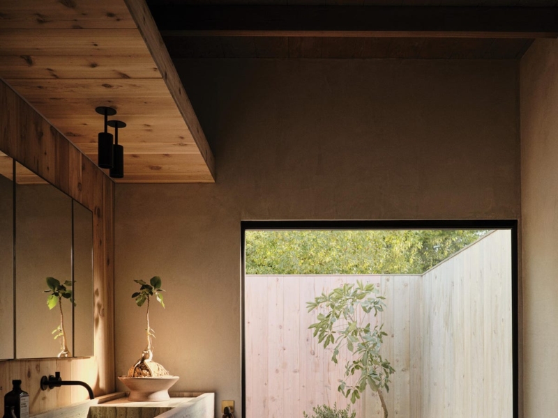 Japandi Style Wellness Room with Monolithic Vanity & Wood Ceiling