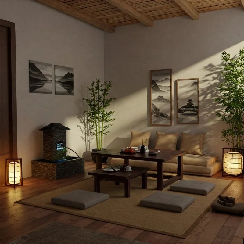 Japandi Zen Lounge with Paper Floor Lanterns and Indoor Water Feature