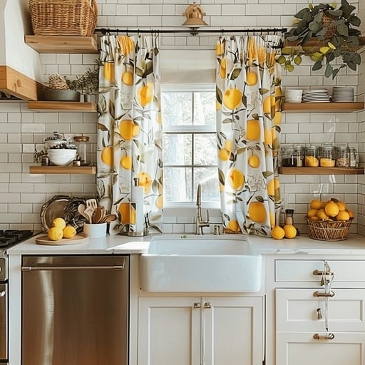 Kitchen Decor Lemon Themed Idea Farmhouse Sink Citrus Curtains