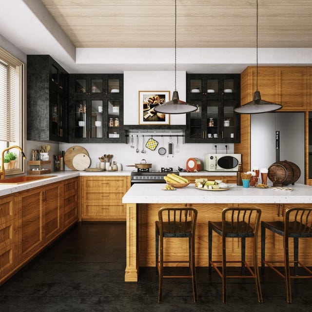 Kitchen Design: Black Glass-Front Upper Cabinets & Wood Plank Ceiling