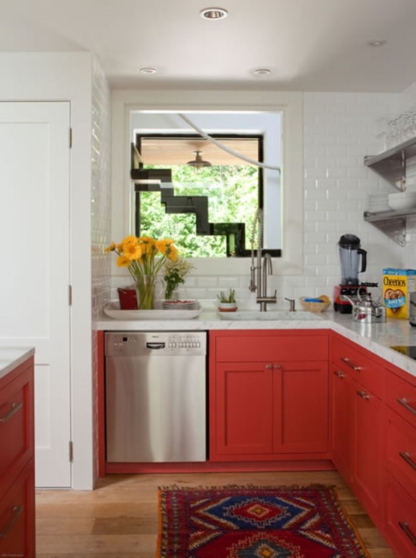 Kitchen Interior Bold Red Cabinets White Subway Tile Backsplash