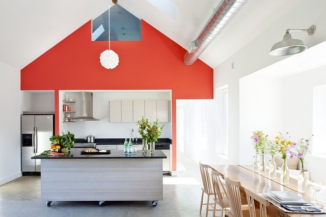 Kitchen Interior Industrial Tomato Red Accent Wall Exposed Ductwork