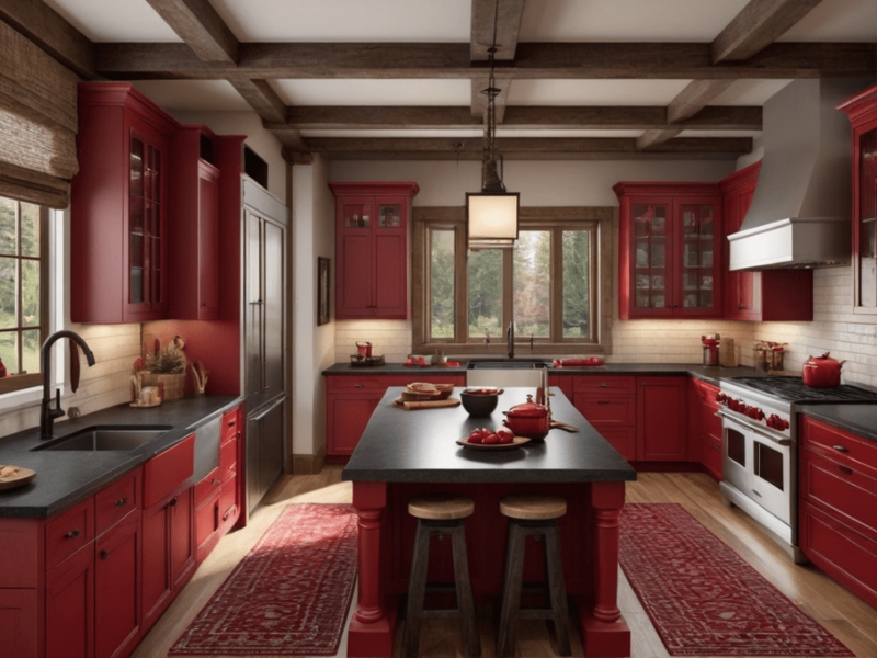 Kitchen Interior Rustic Beamed Ceiling Charcoal Stone Countertops