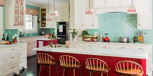 Kitchen Interior Turquoise Subway Tile Backsplash Spindle Stools