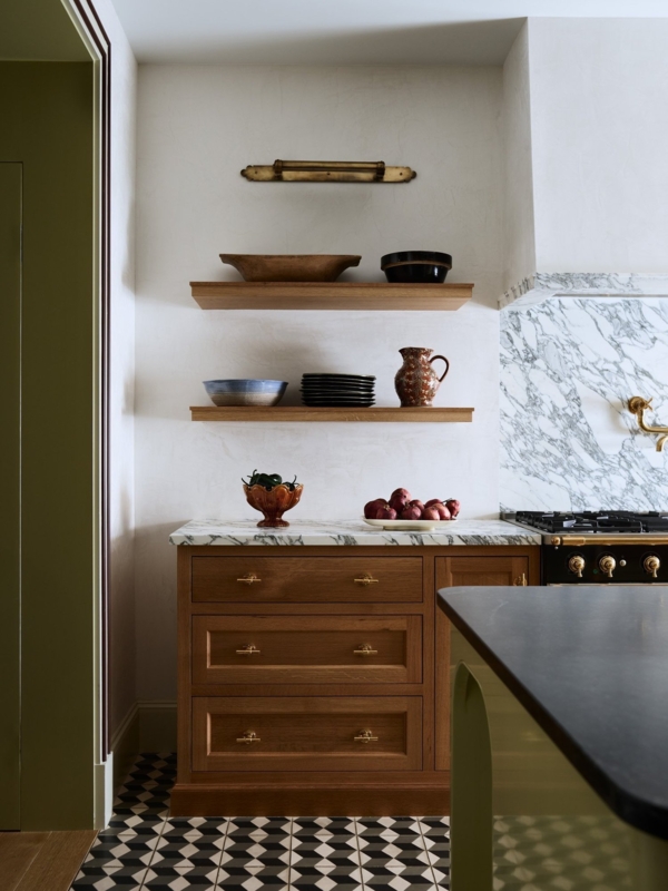 Kitchen Remodel featuring Geometric Tile Floor & Open Wood Shelving