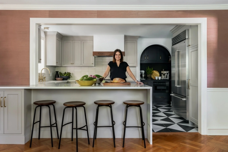 Kitchen Transition: Geometric Tile Floor & Arched Black Coffee Bar Niche