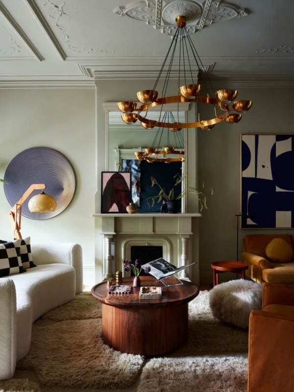 Large Brass Ring Chandelier Lighting In Moody Sage Green Living Room