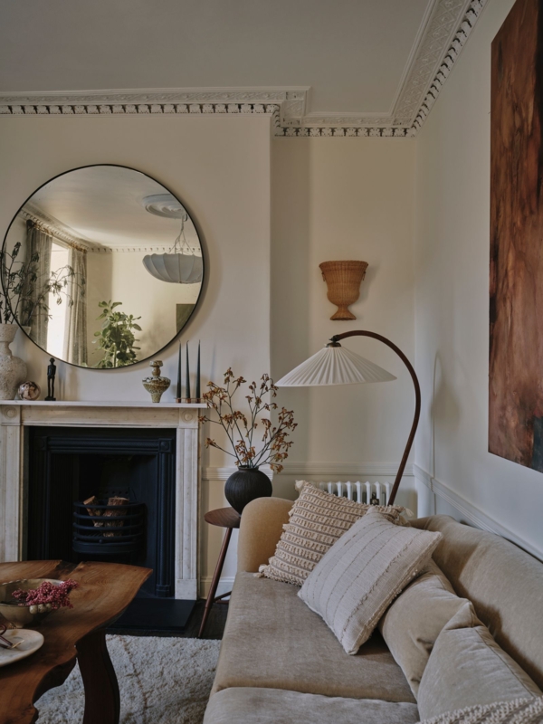 Large Round Mirror Mantel Ideas for Transitional Townhouse Living Room