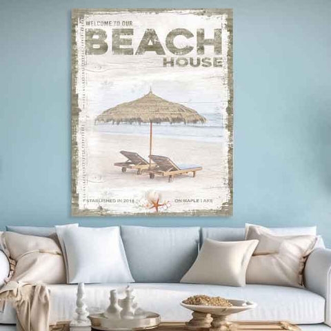 Large Scale Coastal Wall Art Sign above Neutral Sofa