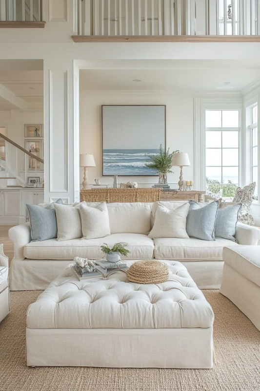 Large Tufted Ottoman Coffee Table in Coastal Living Room Overlook