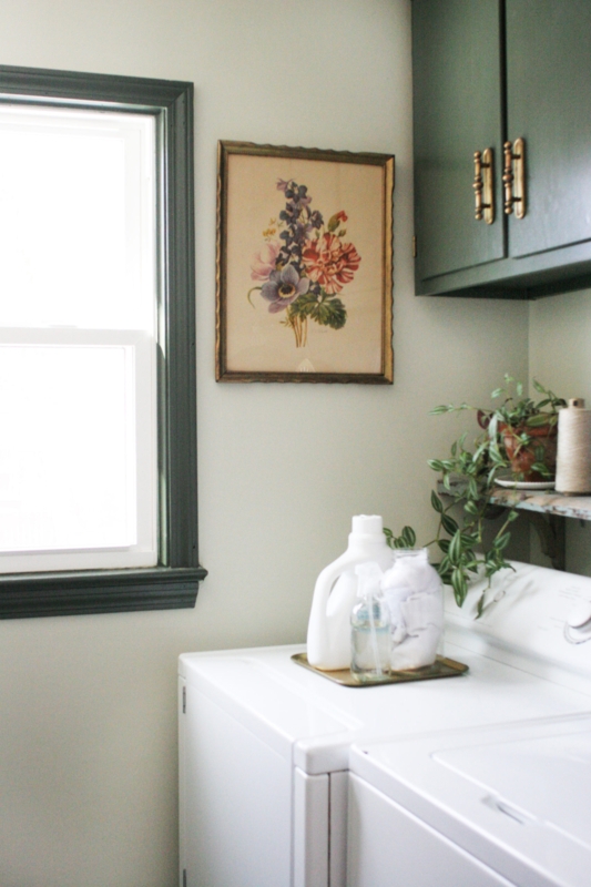Laundry Room with Matching Dark Green Cabinets and Trim