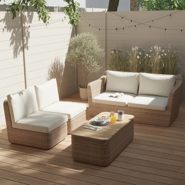 Light Beige Rattan Patio Furniture Set with Coordinated Coffee Table