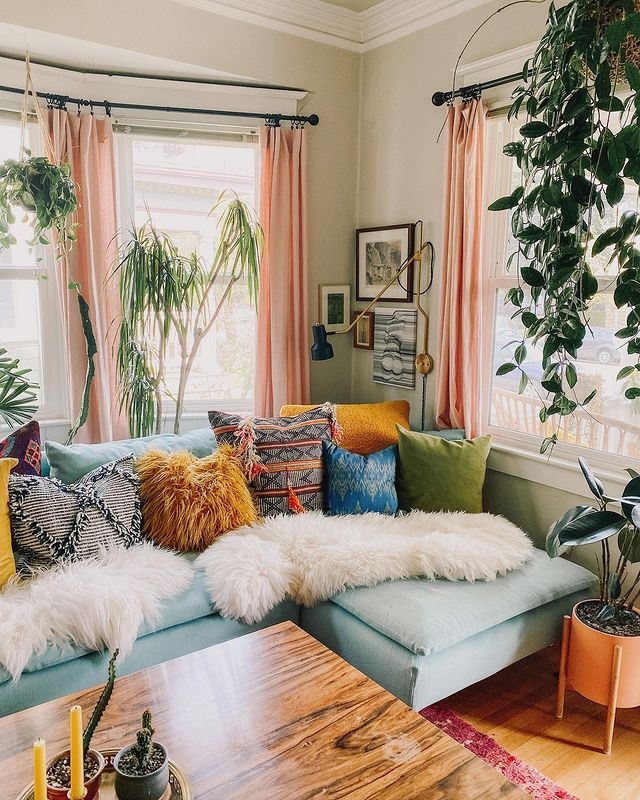 Light Blue Sectional Sofa: Layered Faux Fur Throws in Bohemian Nook