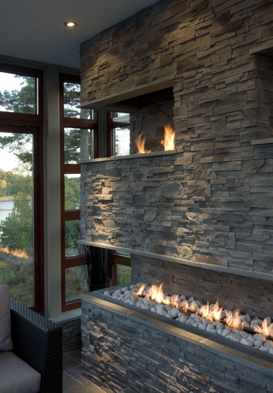 Linear Fireplace Multi Level Stacked Stone Design Ideas