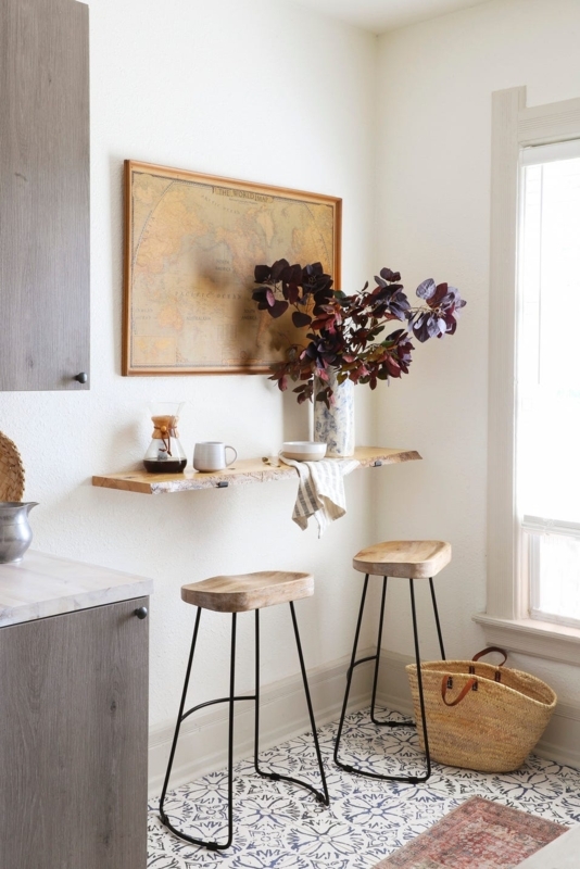 Live Edge Shelf: Modern Rustic Breakfast Nook Ideas & Patterned Tile