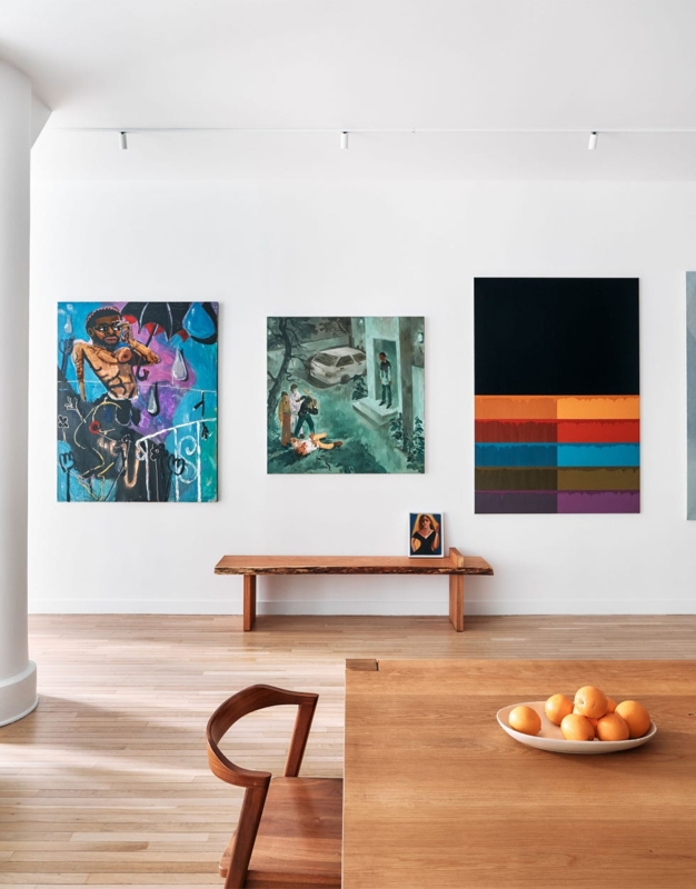Live Edge Wooden Bench Styling in Loft with Gallery Wall Arrangement