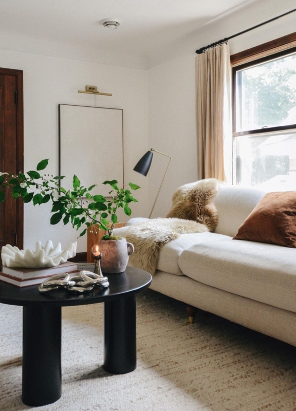 Living Room Black Drum Coffee Table and Shaggy Fur Layer