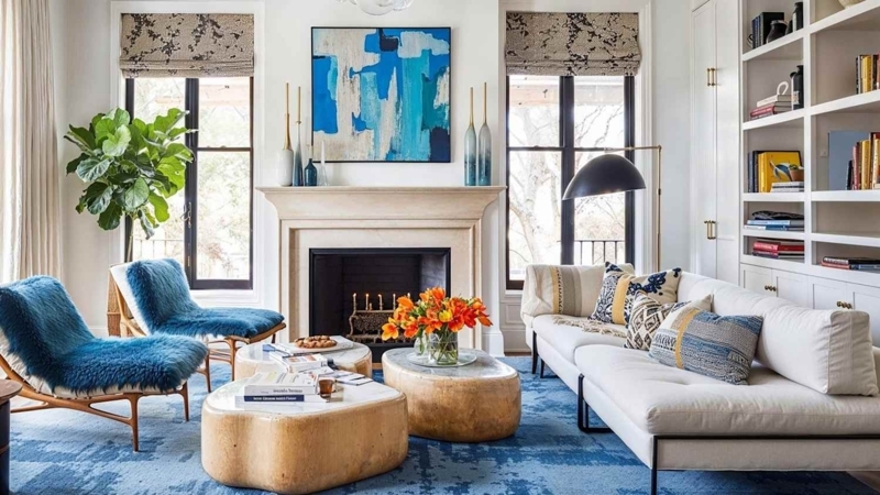 Living Room Blue Shearling Chairs with Stone Tiered Tables