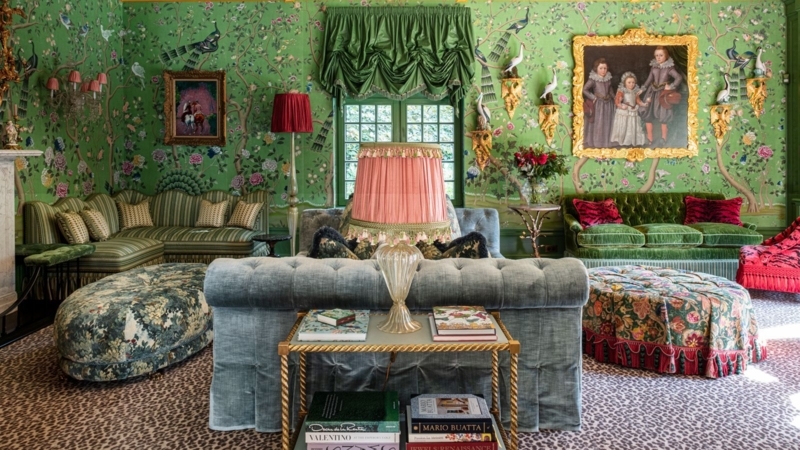 Living Room: Chinoiserie Wallpaper Green Palette, Leopard Print Carpet