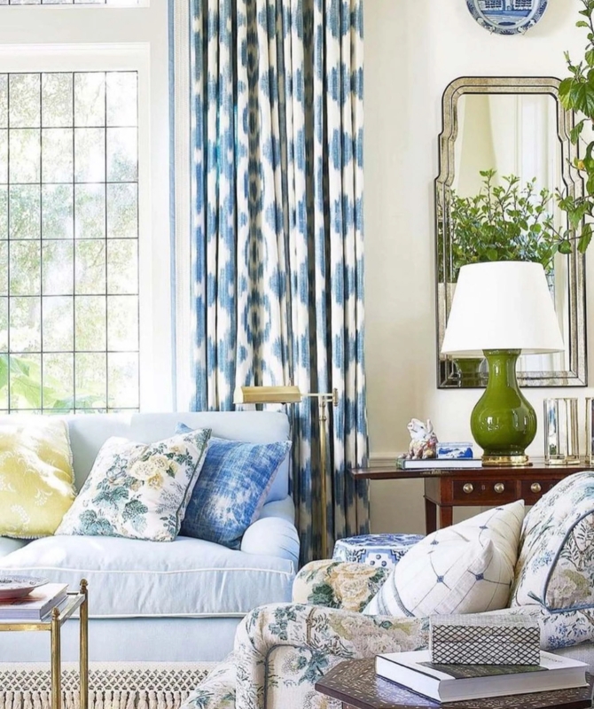 Living Room Design Ikat Curtains Floral Armchair Upholstered Sofa