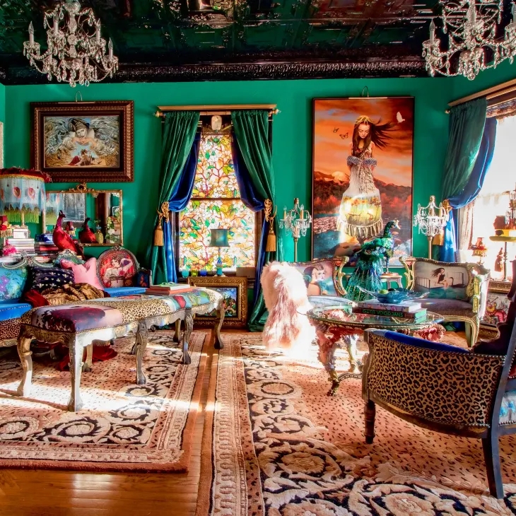 Living Room: Emerald Green Wall Styling, Leopard Print Chair