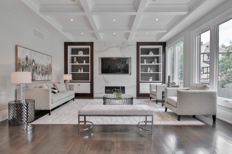 Living Room Formal Coffered Ceiling with Symmetrical Built-ins