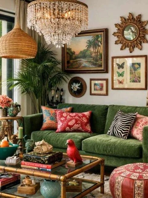 Living Room: Green Velvet Sofa, Tiered Crystal Chandelier, Gold Accents