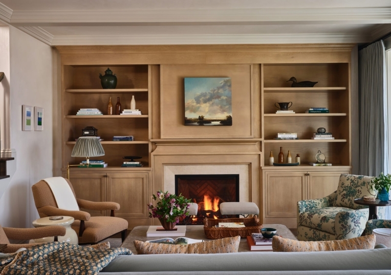 Living Room: Herringbone Firebox & Warm Wood Library Wall