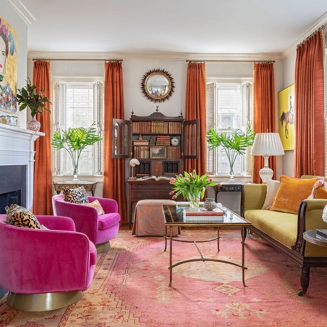Living Room: Magenta Velvet Swivel Chairs, Ochre Sofa, Terracotta Drapery